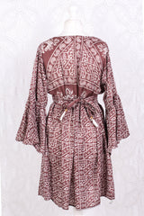 Pansy Mini Dress - Indian Sari - Circular Flounce Sleeve - Rose Taupe Tile Print - Free Size M/L