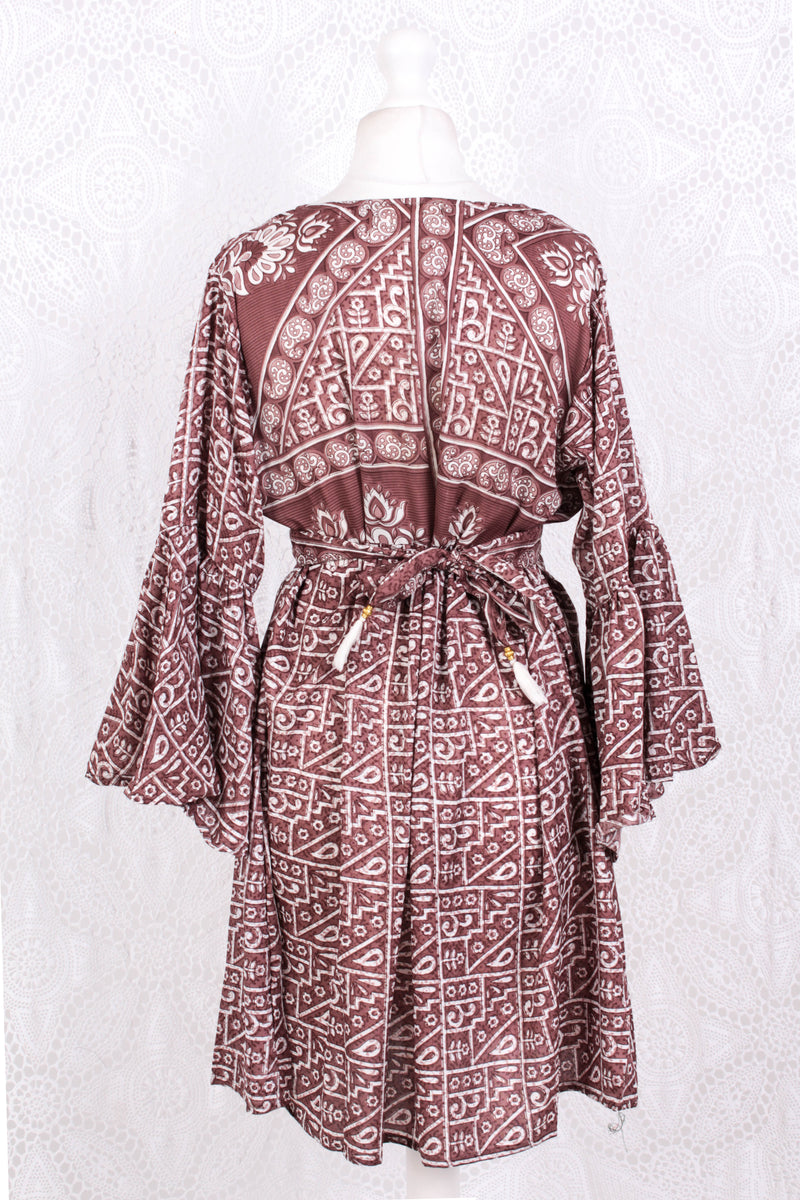 Pansy Mini Dress - Indian Sari - Circular Flounce Sleeve - Rose Taupe Tile Print - Free Size M/L