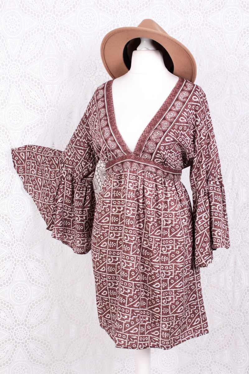 Pansy Mini Dress - Indian Sari - Circular Flounce Sleeve - Rose Taupe Tile Print - Free Size M/L