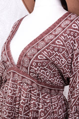 Pansy Mini Dress - Indian Sari - Circular Flounce Sleeve - Rose Taupe Tile Print - Free Size M/L