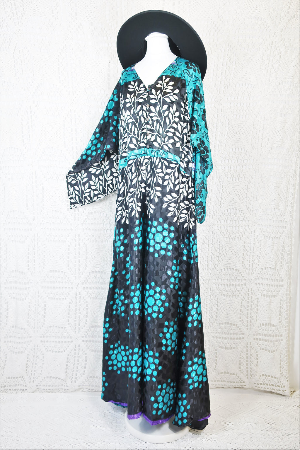 Goddess Jumpsuit - Vintage Indian Sari - Turquoise, White & Charcoal Botanica - XS