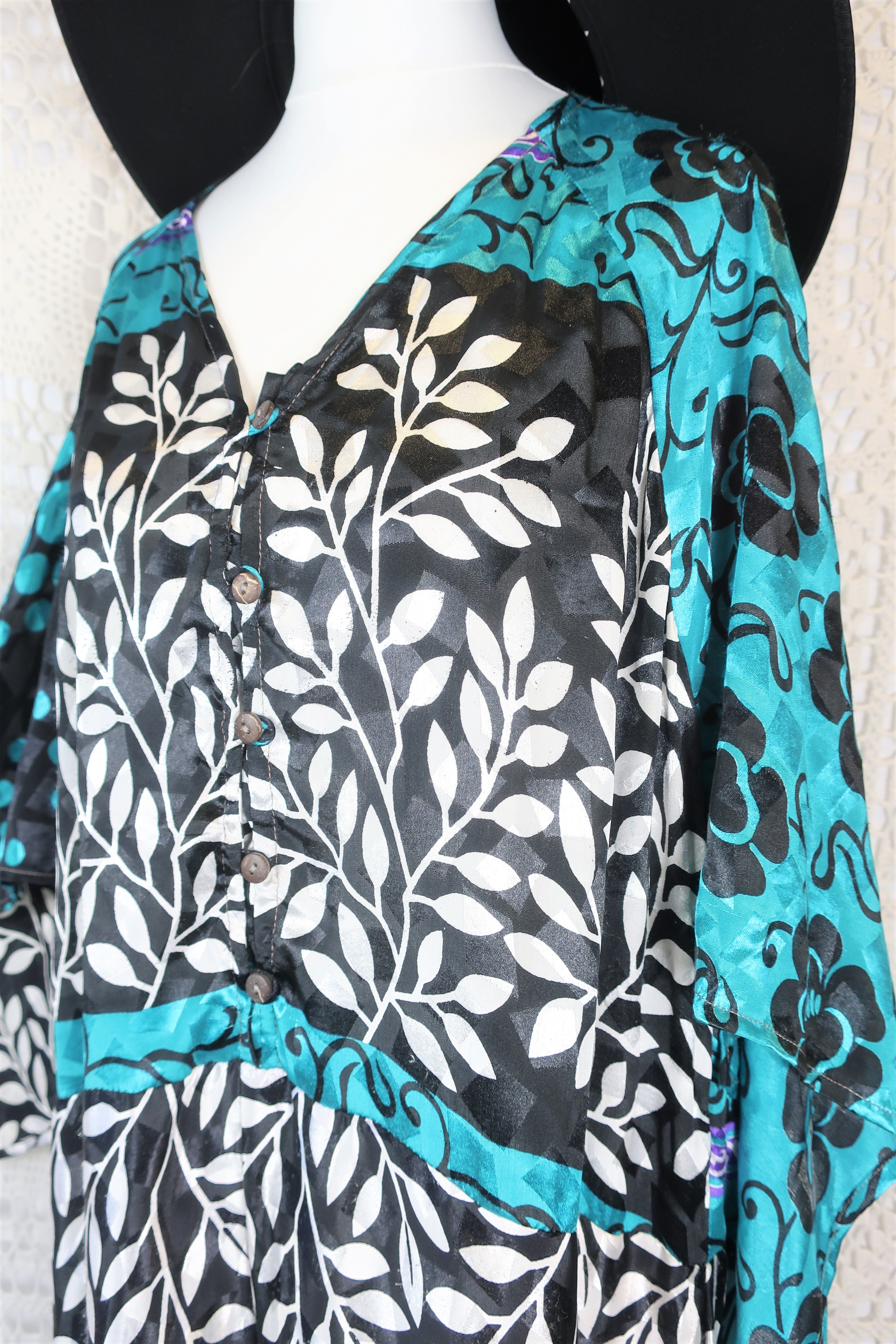 Goddess Jumpsuit - Vintage Indian Sari - Turquoise, White & Charcoal Botanica - XS