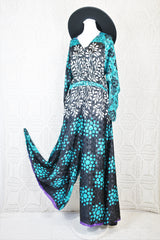 Goddess Jumpsuit - Vintage Indian Sari - Turquoise, White & Charcoal Botanica - XS