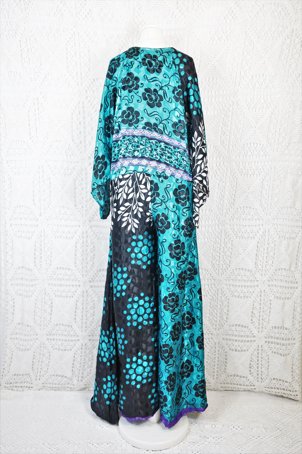 Goddess Jumpsuit - Vintage Indian Sari - Turquoise, White & Charcoal Botanica - XS