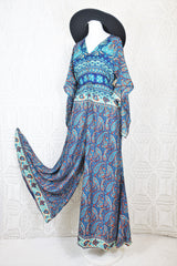 Goddess Jumpsuit - Vintage Indian Sari - Indigo, Cream & Tangerine Floral Paisley - S/M