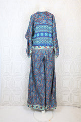 Goddess Jumpsuit - Vintage Indian Sari - Indigo, Cream & Tangerine Floral Paisley - S/M