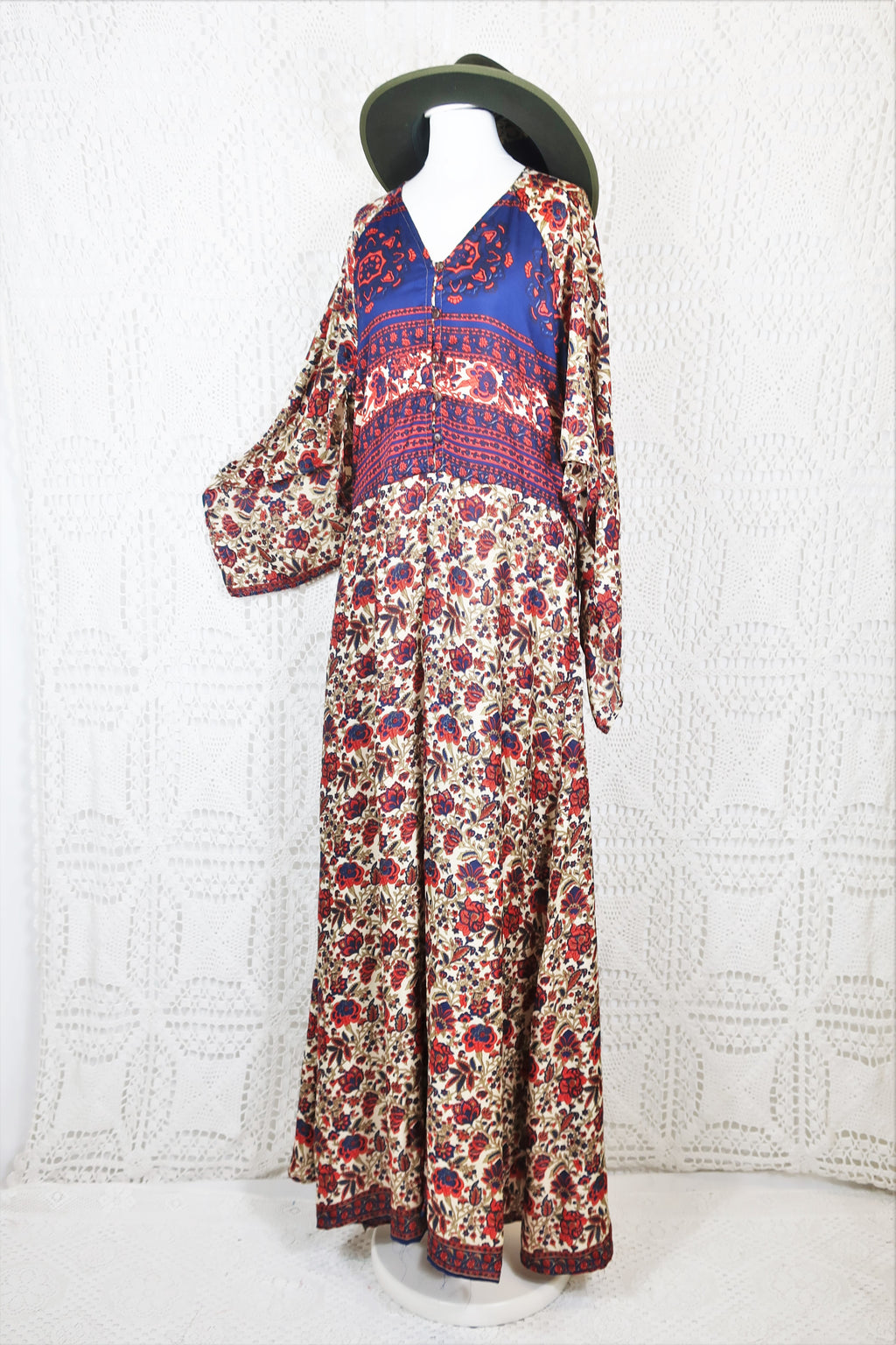 Goddess Jumpsuit - Vintage Indian Sari - Navy, Cherry & Cream Exotic Floral - XS