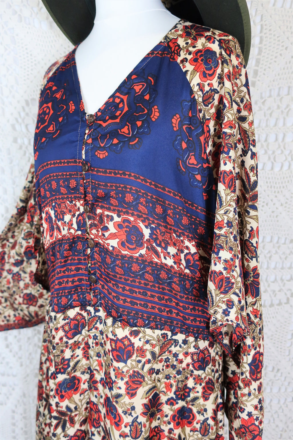 Goddess Jumpsuit - Vintage Indian Sari - Navy, Cherry & Cream Exotic Floral - XS