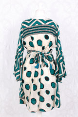 SALE Pansy Mini Dress - Indian Sari - Circular Flounce Sleeve - Cream & Teal Zig Zag Spots - Free Size M/L