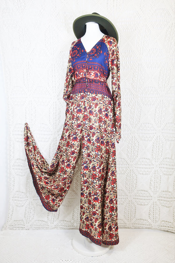 Goddess Jumpsuit - Vintage Indian Sari - Navy, Cherry & Cream Exotic Floral - XS
