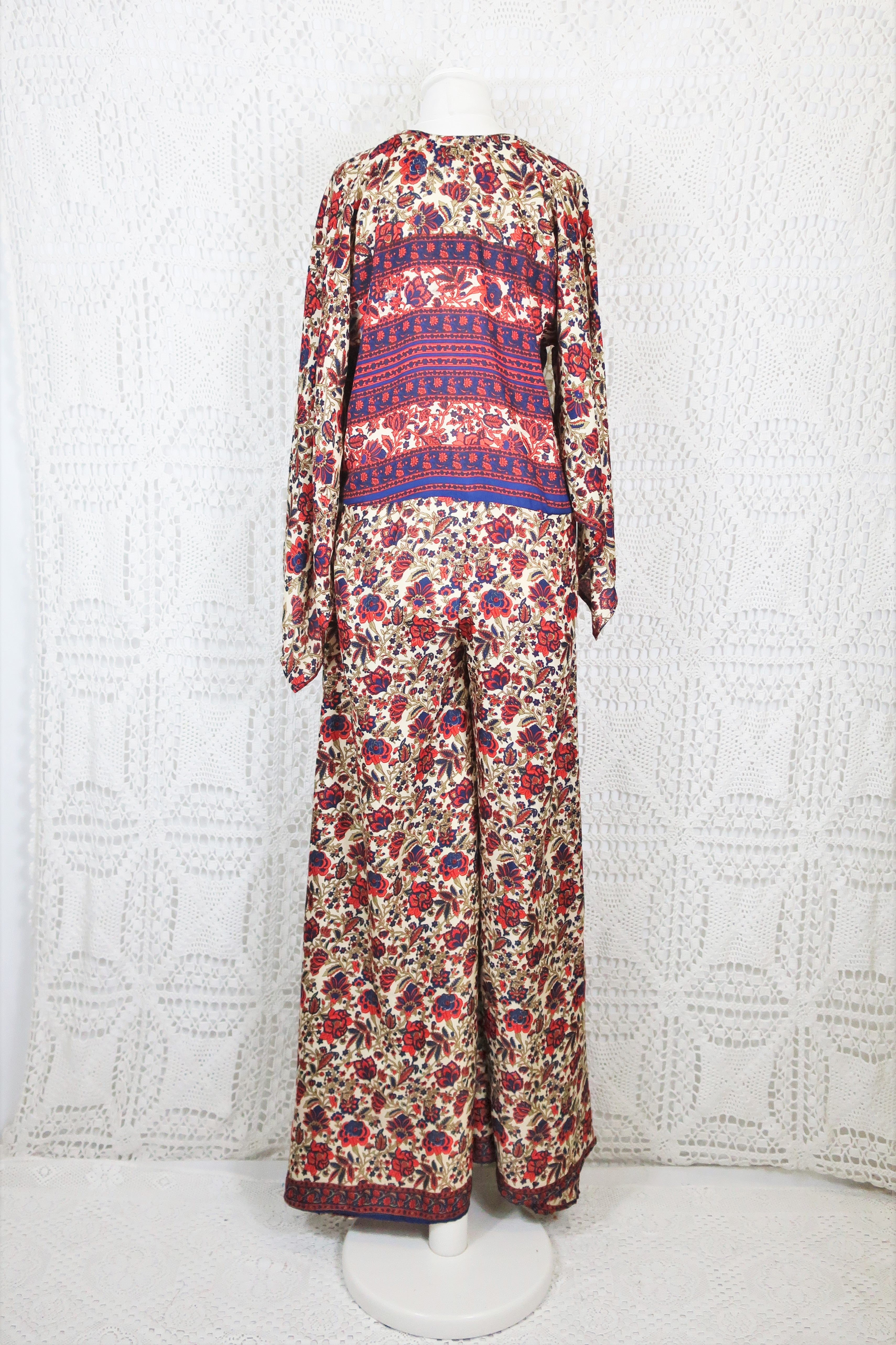 Goddess Jumpsuit - Vintage Indian Sari - Navy, Cherry & Cream Exotic Floral - XS