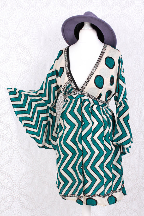 SALE Pansy Mini Dress - Indian Sari - Circular Flounce Sleeve - Cream & Teal Zig Zag Spots - Free Size M/L