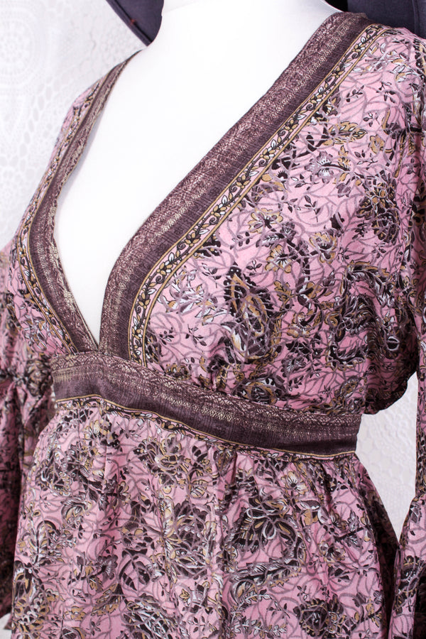 Pansy Mini Dress - Indian Sari - Circular Flounce Sleeve - Powder Pink, Mauve & Champagne Vine Print - Free Size M/L