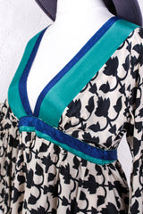 Pansy Mini Dress - Indian Sari - Circular Flounce Sleeve - Cream, Ink Black & Blue Floral Tile Print - Free Size S/M