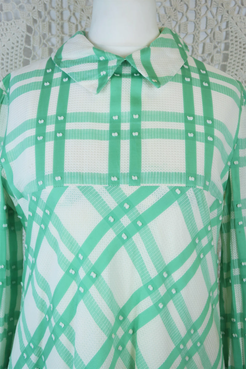 60s Vintage Mini Dress - White & Mint Green Gingham - Size S/M