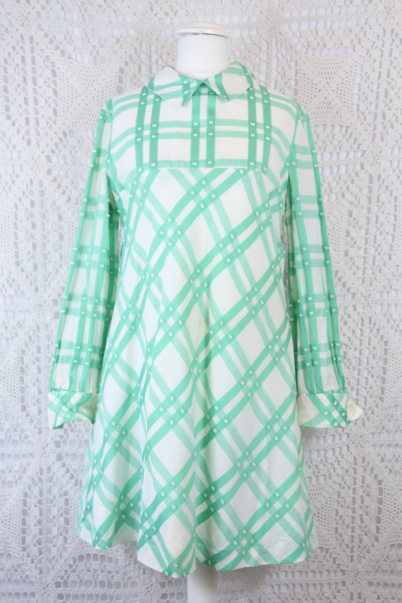 60s Vintage Mini Dress - White & Mint Green Gingham - Size S/M