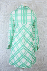 60s Vintage Mini Dress - White & Mint Green Gingham - Size S/M
