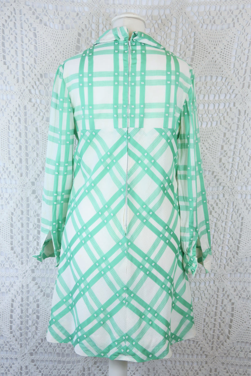 60s Vintage Mini Dress - White & Mint Green Gingham - Size S/M
