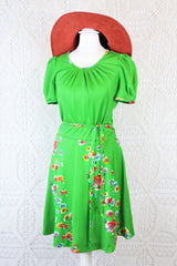 60s Vintage Mini Dress - Bright Green Florals - Size S