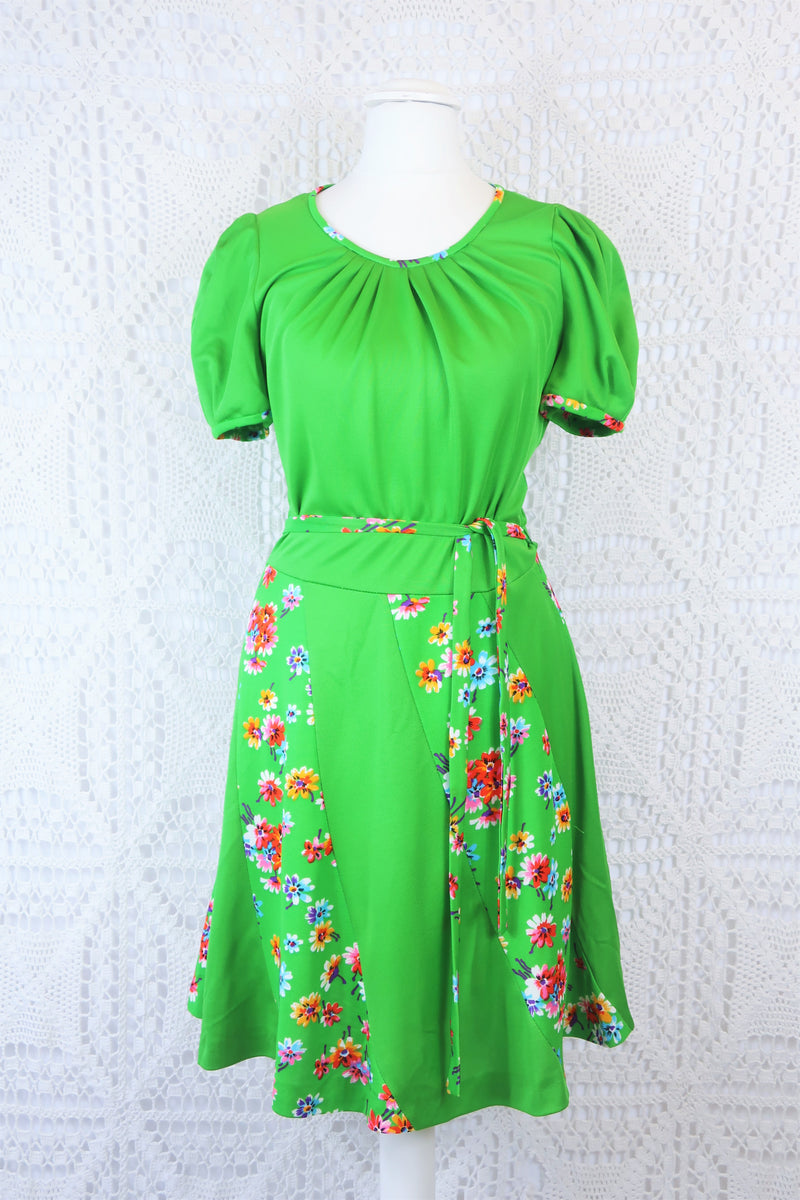 60s Vintage Mini Dress - Bright Green Florals - Size S