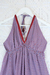 Cherry Mini Halter Dress - Red & Blue Zig-Zag Vintage Sari (Free Size)