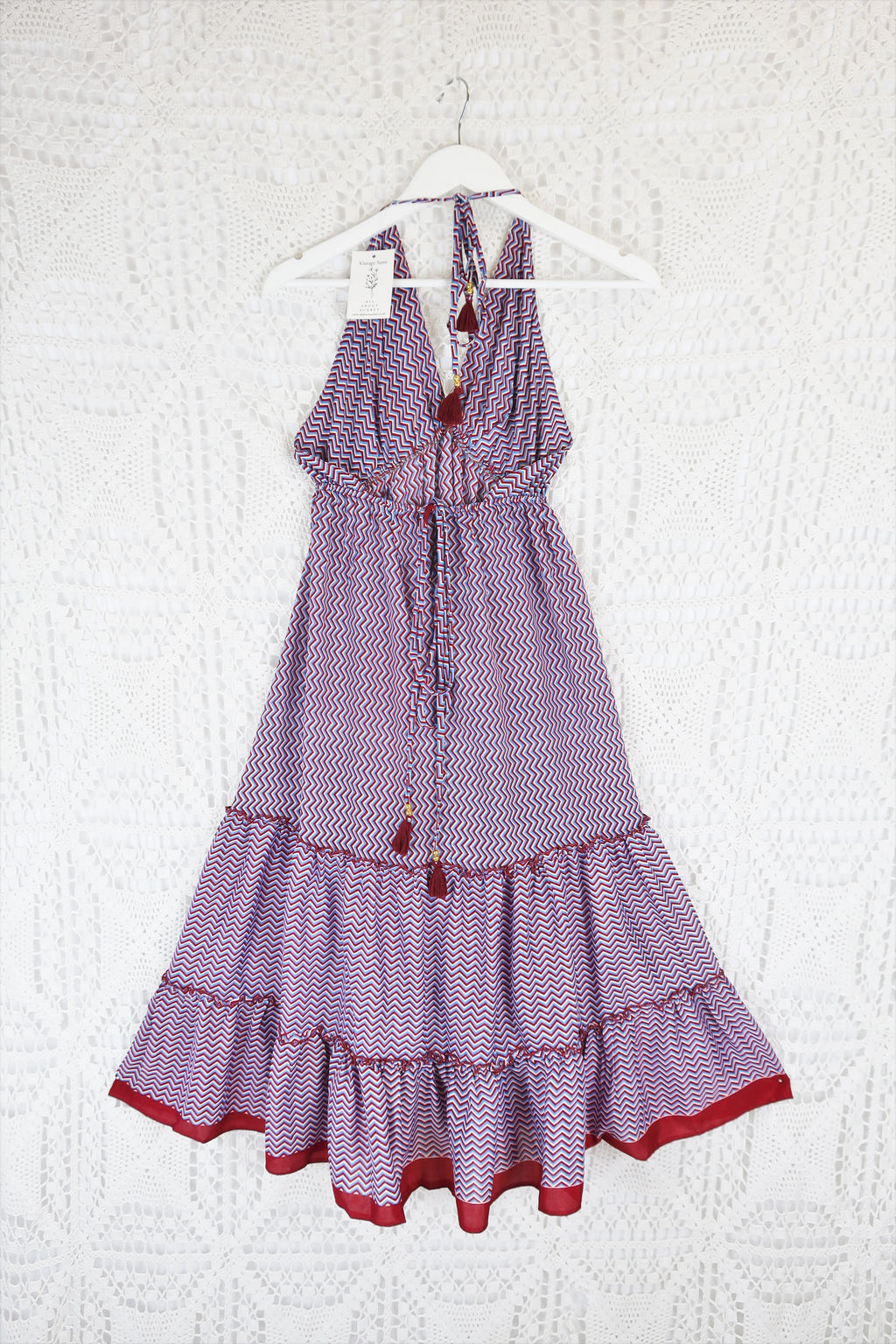 Cherry Mini Halter Dress - Red & Blue Zig-Zag Vintage Sari (Free Size)