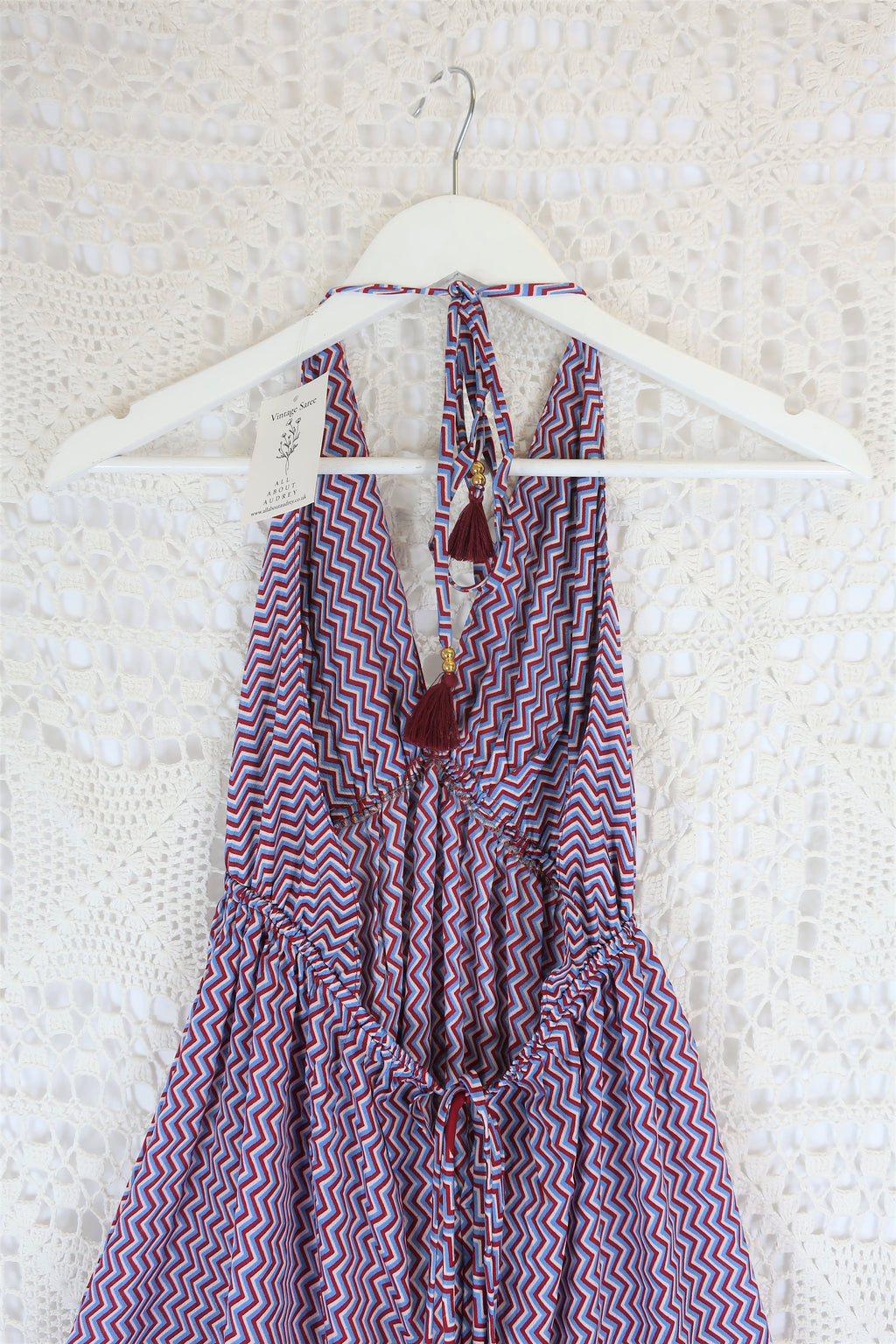 Cherry Mini Halter Dress - Red & Blue Zig-Zag Vintage Sari (Free Size)