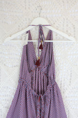 Cherry Mini Halter Dress - Red & Blue Zig-Zag Vintage Sari (Free Size)