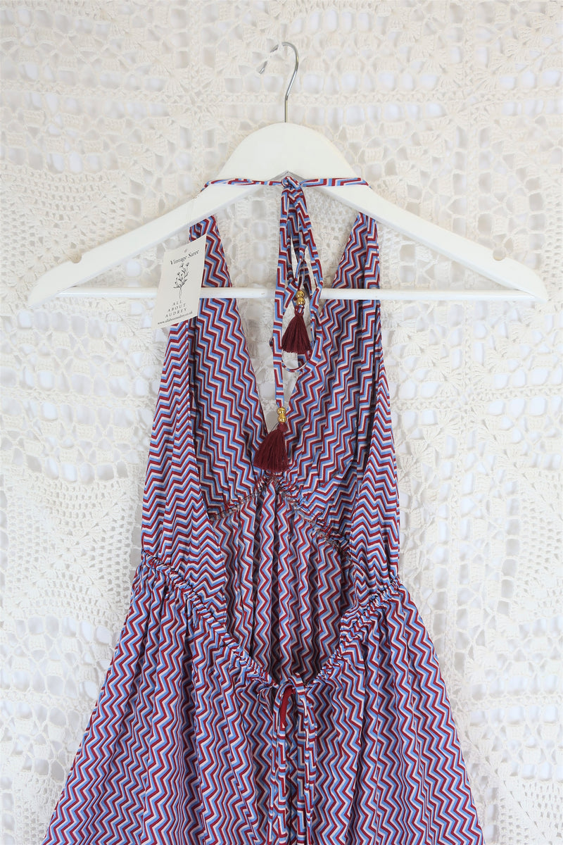 Cherry Mini Halter Dress - Red & Blue Zig-Zag Vintage Sari (Free Size)