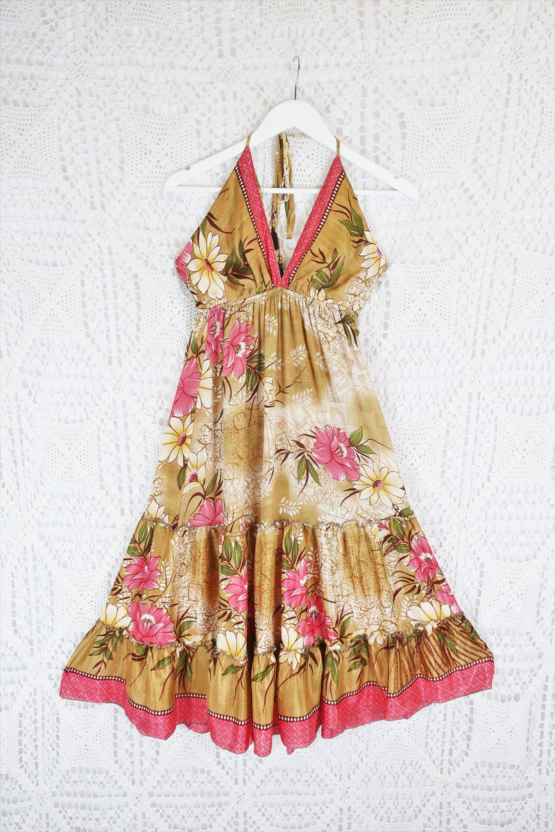 Cherry Mini Halter Dress - Oat & Pink Floral Vintage Sari (Free Size)