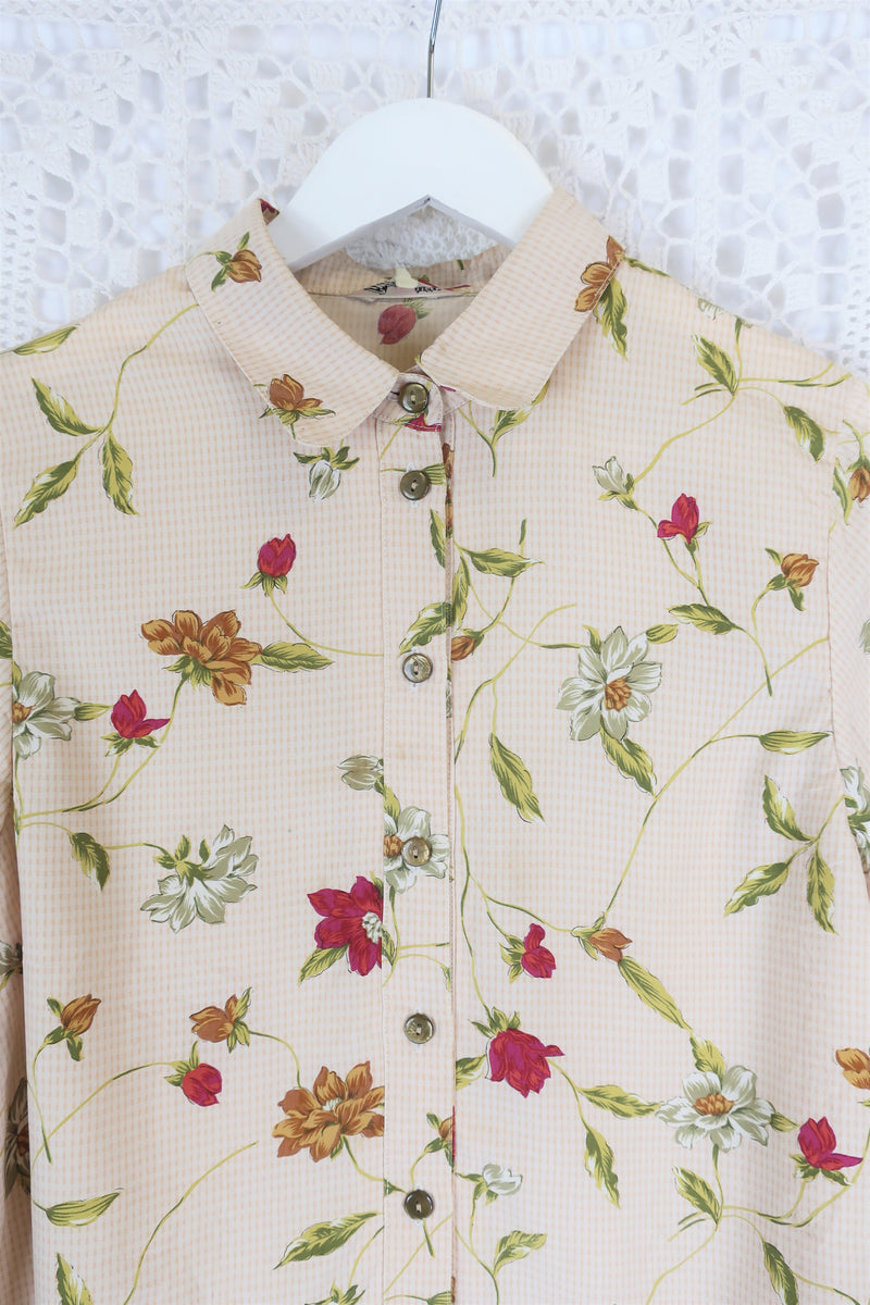 70's Vintage Shirt - Blonde with Bright Floral Print - Size L