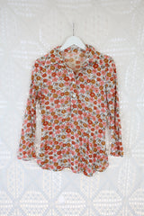 70's Vintage - Floral Shirt - Brown, orange & Pink Floral - Size S/M