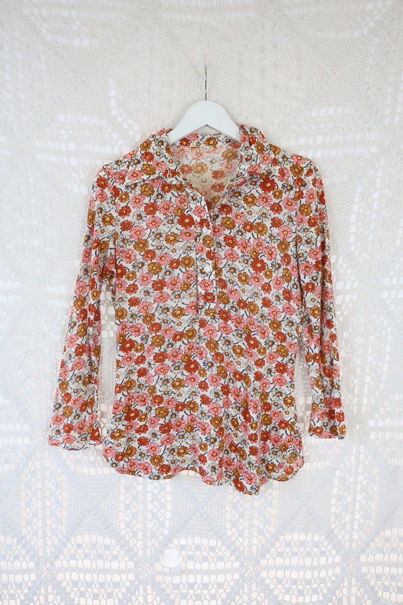 70's Vintage - Floral Shirt - Brown, orange & Pink Floral - Size S/M