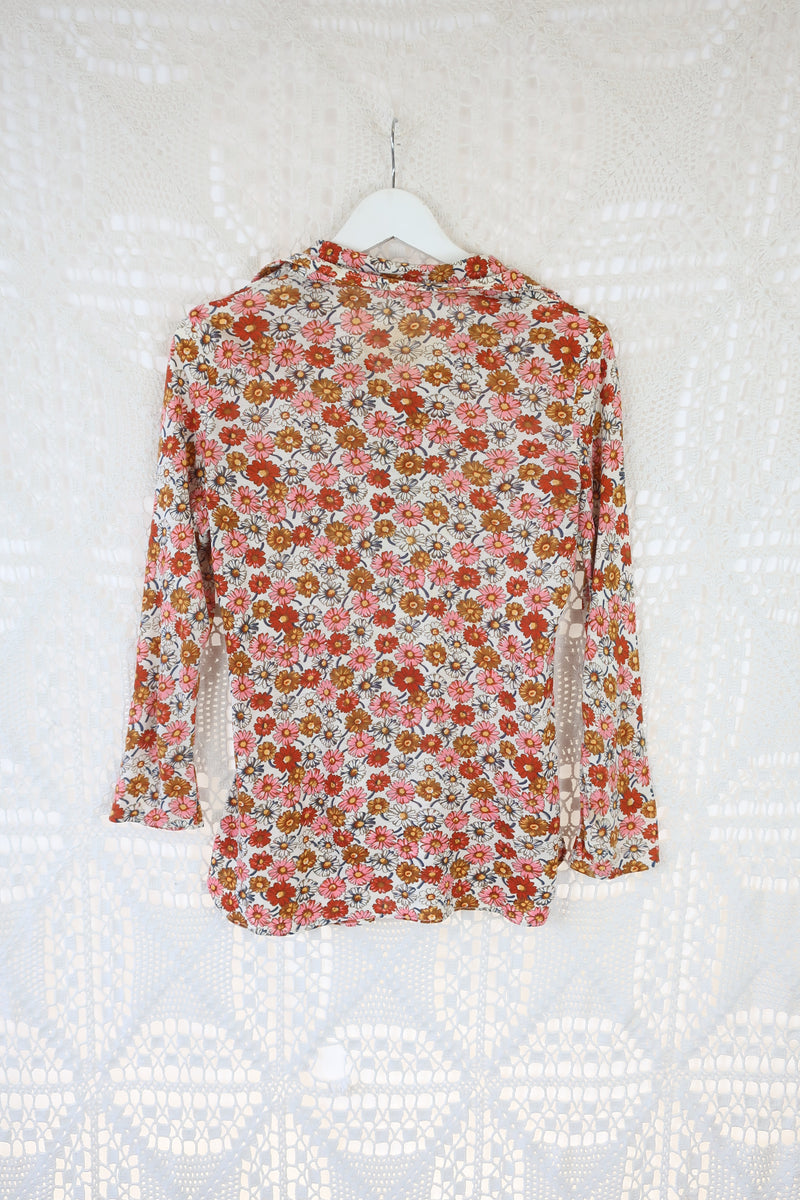 70's Vintage - Floral Shirt - Brown, orange & Pink Floral - Size S/M