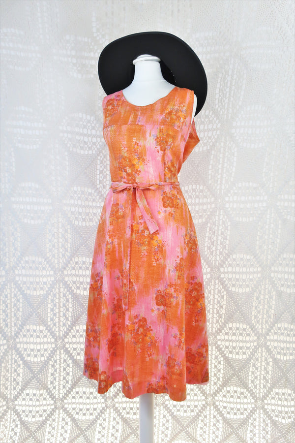 70's Vintage Dress - Peach & Pink Sketched Floral Wrap Midi - Free Size S