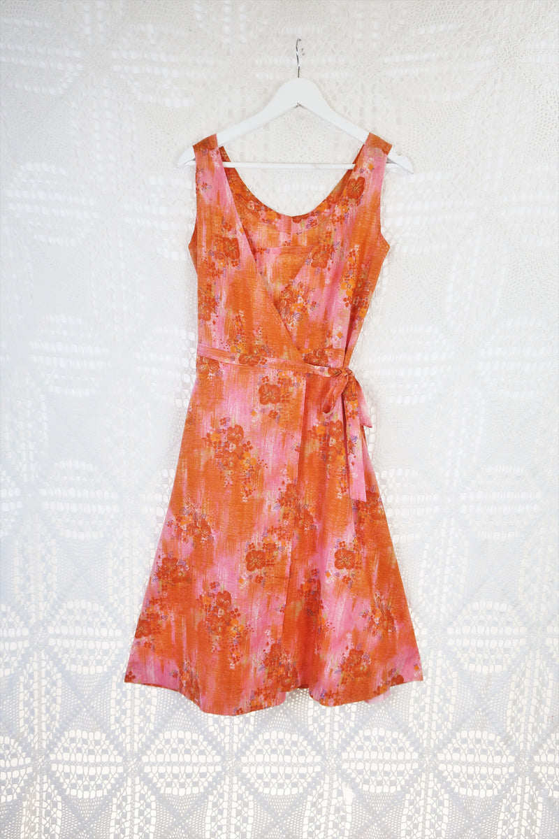 70's Vintage Dress - Peach & Pink Sketched Floral Wrap Midi - Free Size S