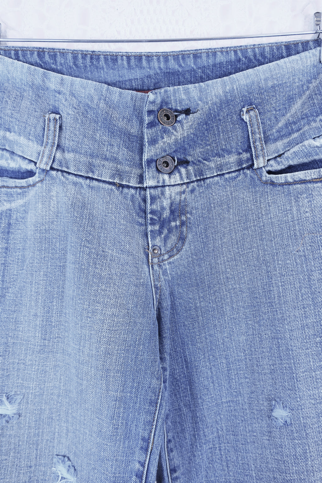 Vintage Straight Leg Jeans - Creased Blue with an Exaggerated Waist - Size M/L