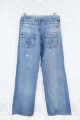 Vintage Straight Leg Jeans - Creased Blue with an Exaggerated Waist - Size M/L