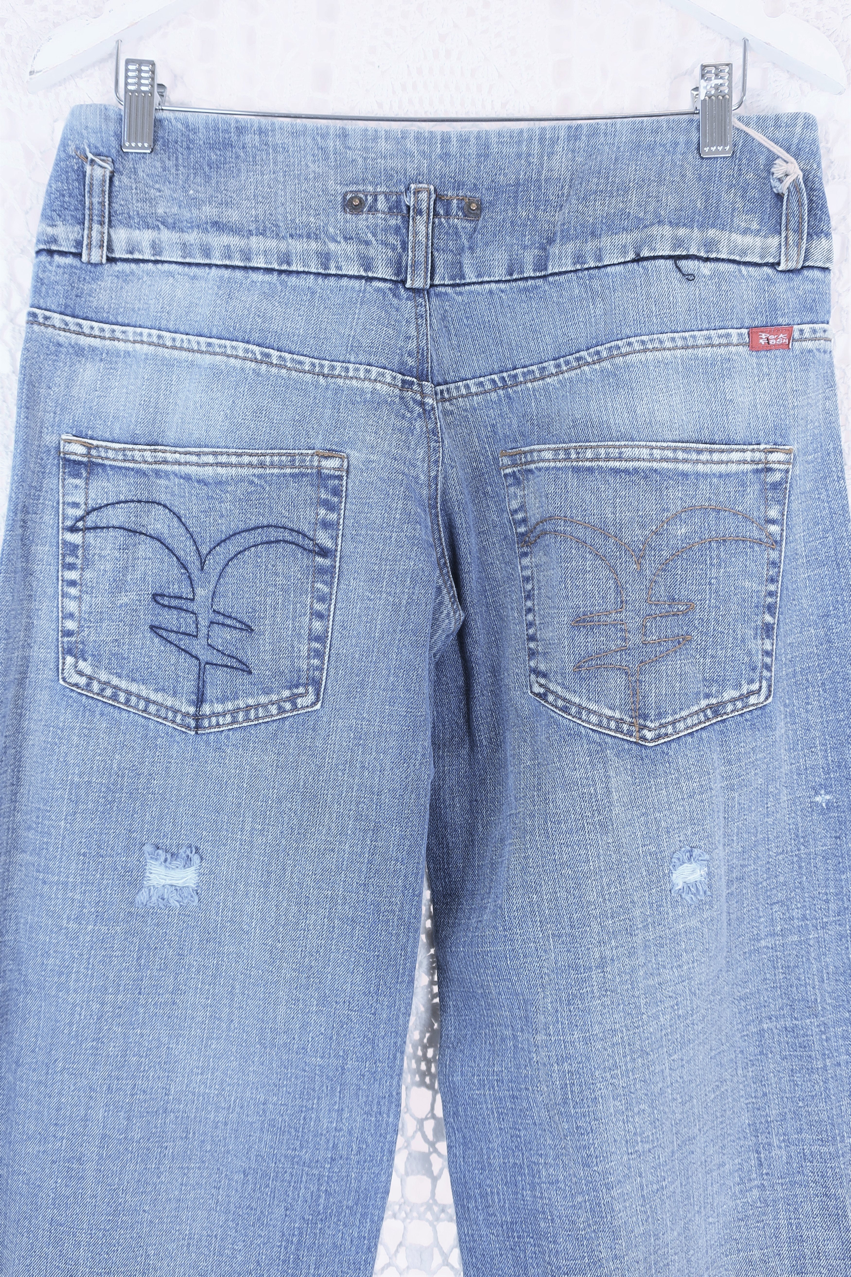 Vintage Straight Leg Jeans - Creased Blue with an Exaggerated Waist - Size M/L