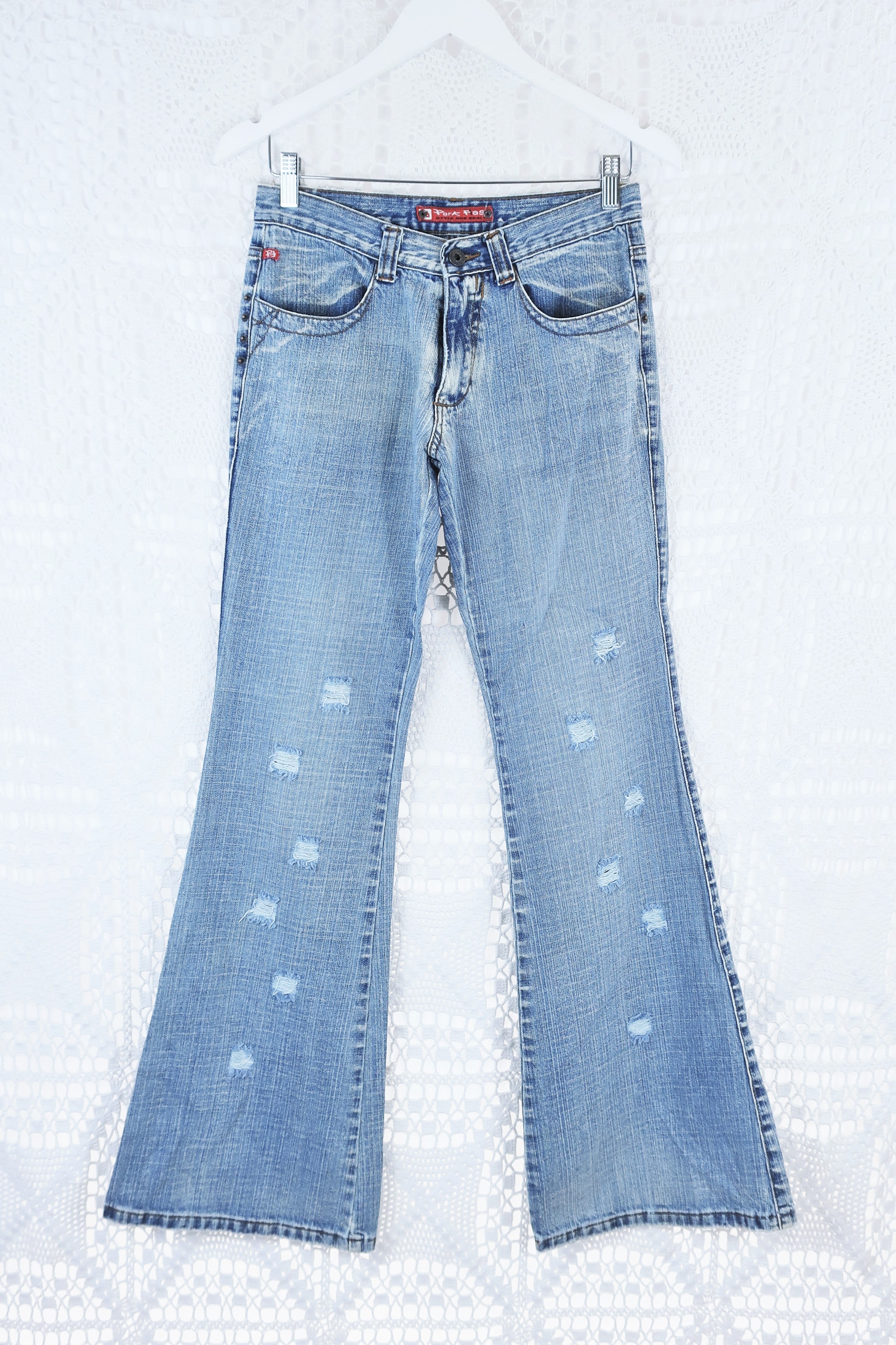 Vintage Flared Jeans - Stone Wash Blue with Distressing - Size S