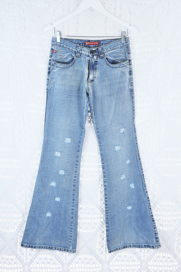 Vintage Flared Jeans - Stone Wash Blue with Distressing - Size S