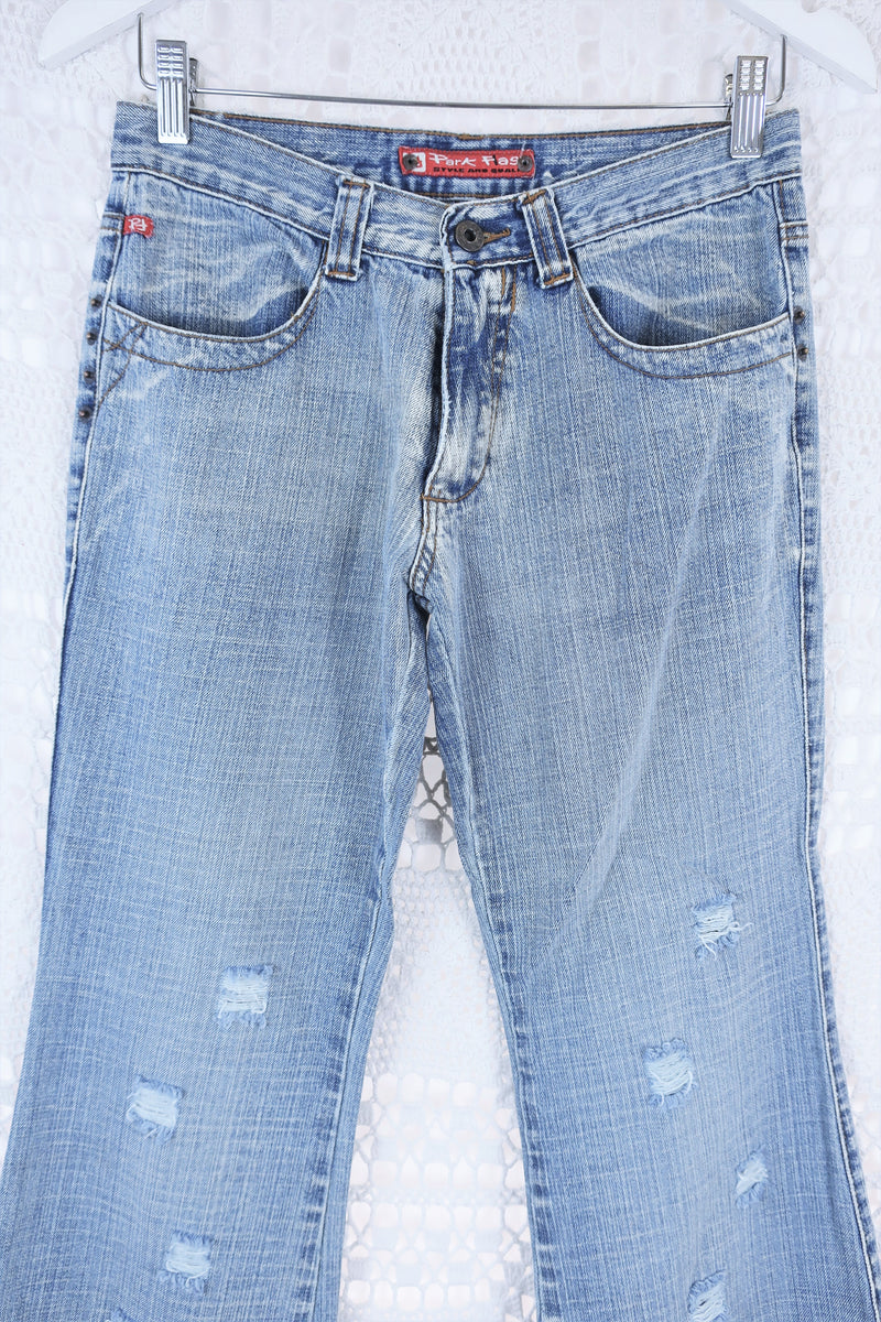 Vintage Flared Jeans - Stone Wash Blue with Distressing - Size S