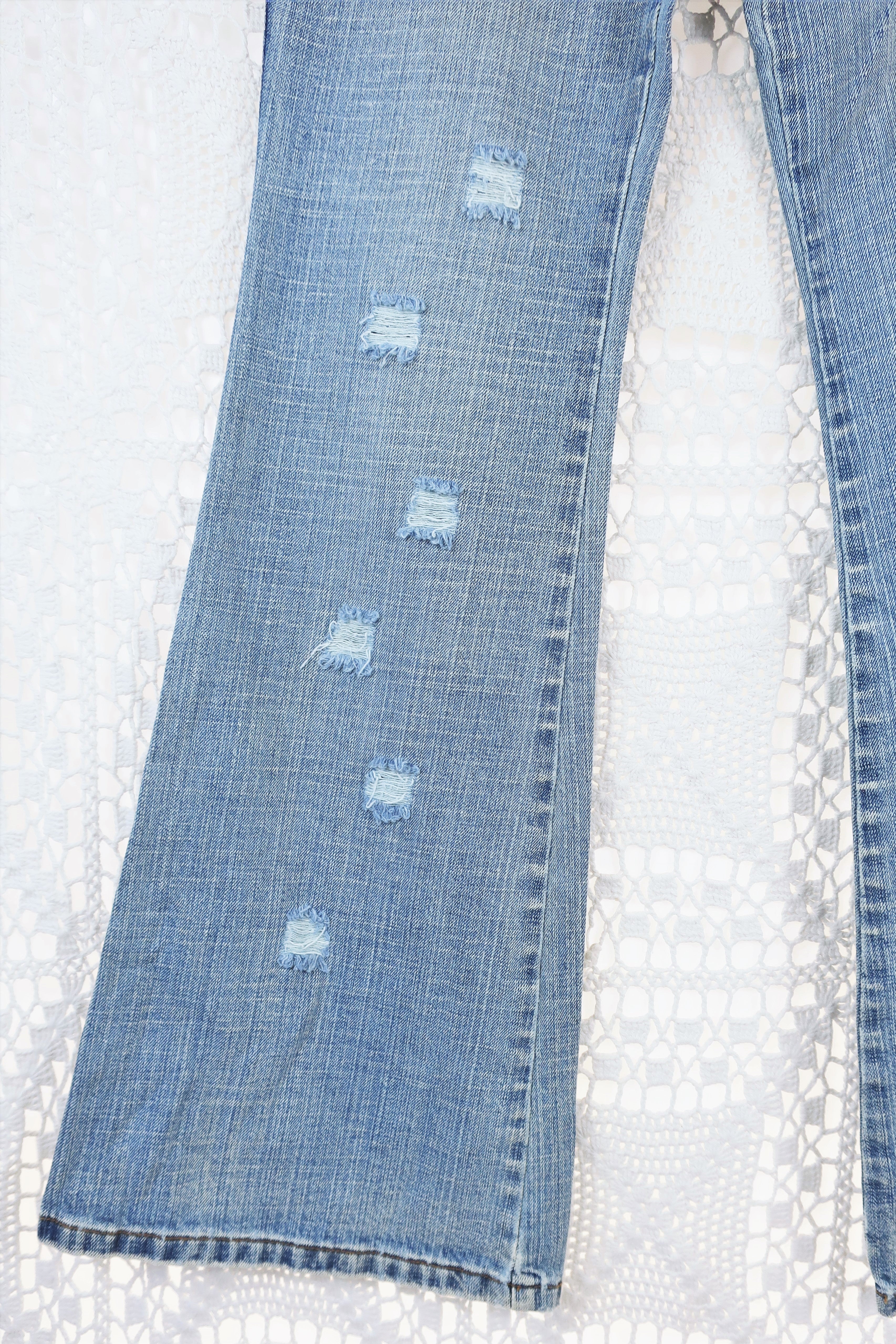 Vintage Flared Jeans - Stone Wash Blue with Distressing - Size S