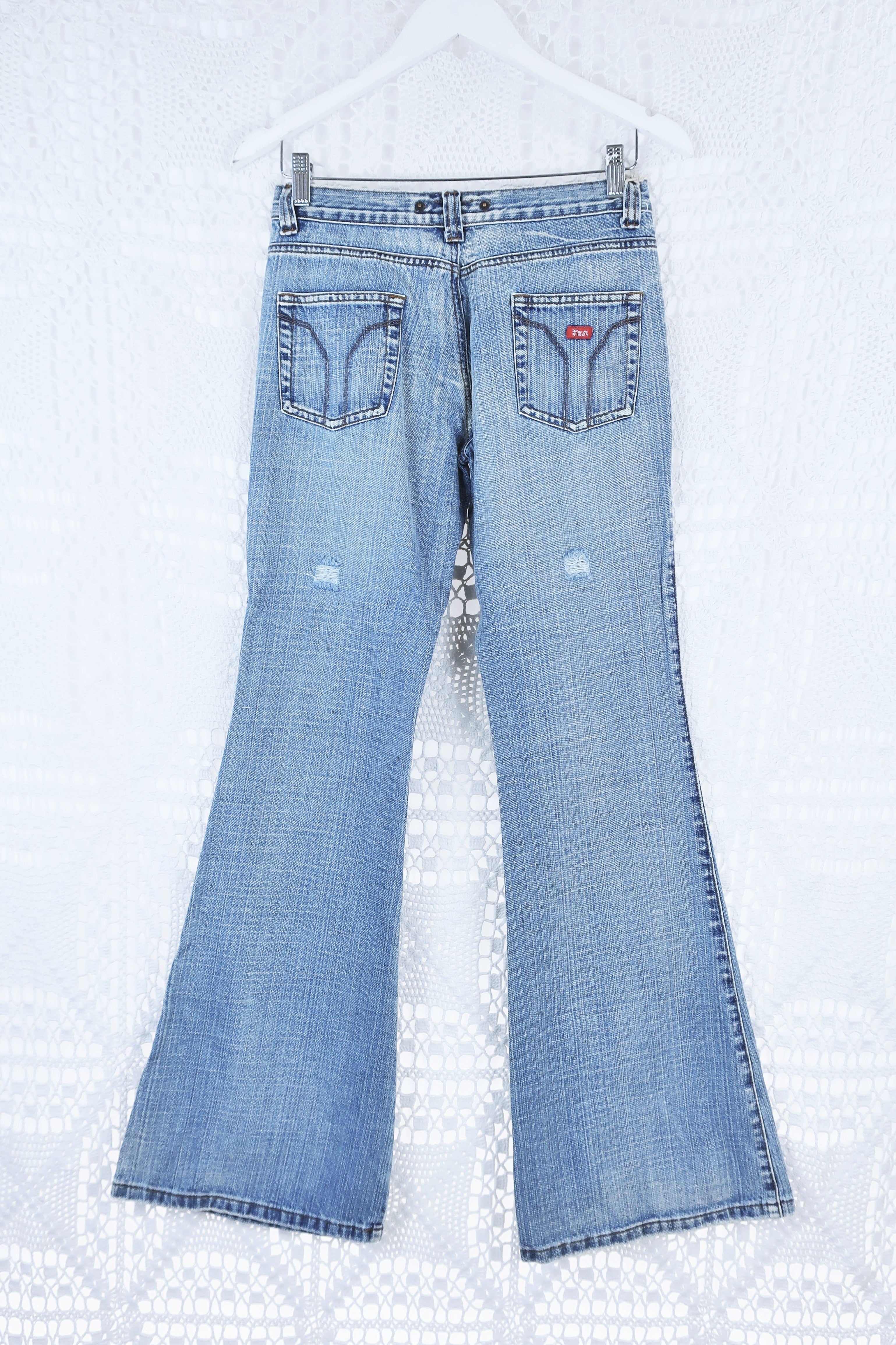 Vintage Flared Jeans - Stone Wash Blue with Distressing - Size S