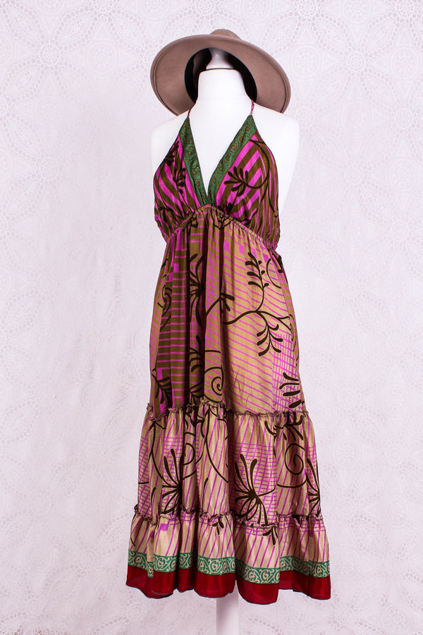 Cherry Mini Halter Dress - Sheer Peanut & Mauve Floral Vintage Sari (Free Size)