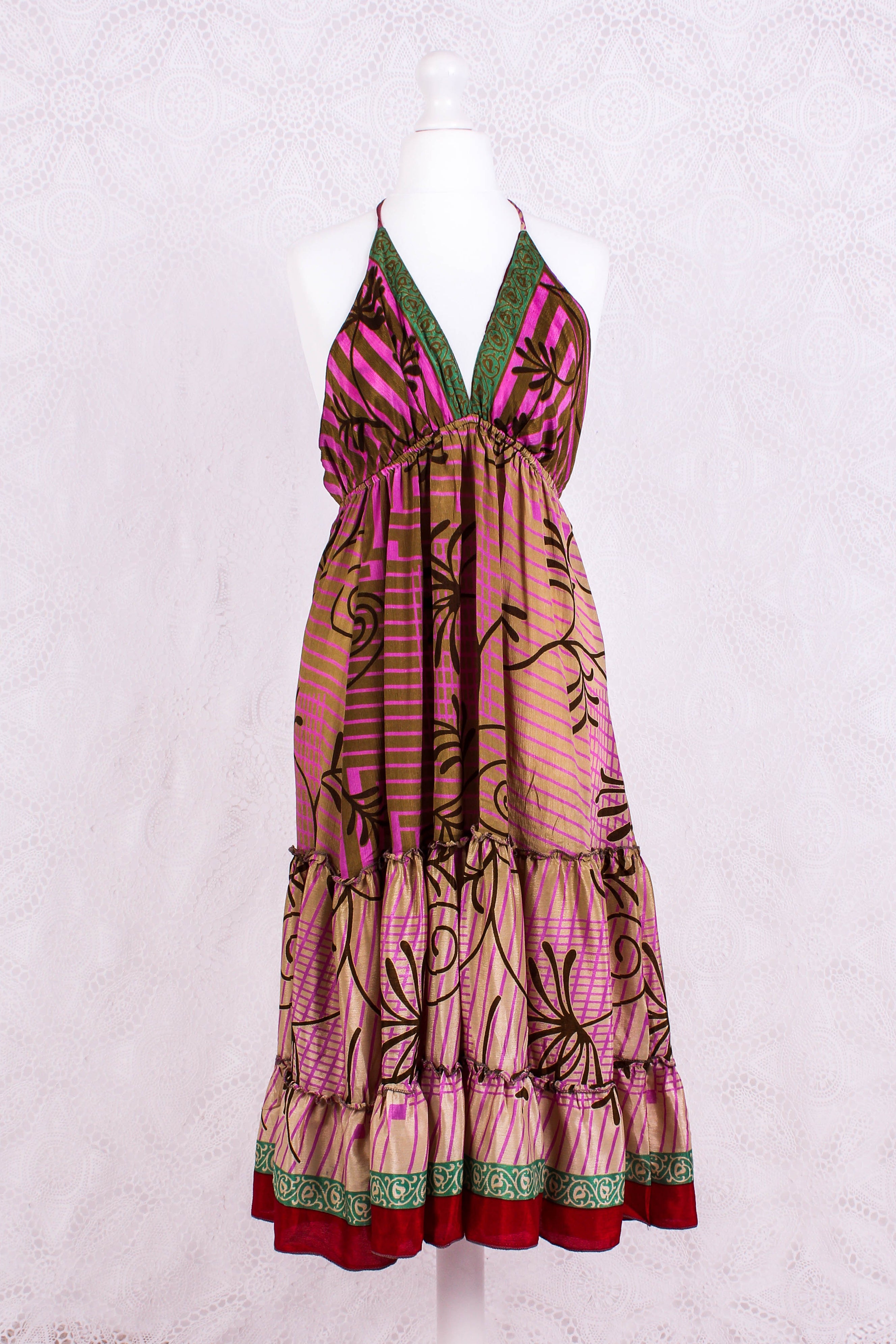 Cherry Mini Halter Dress - Sheer Peanut & Mauve Floral Vintage Sari (Free Size)