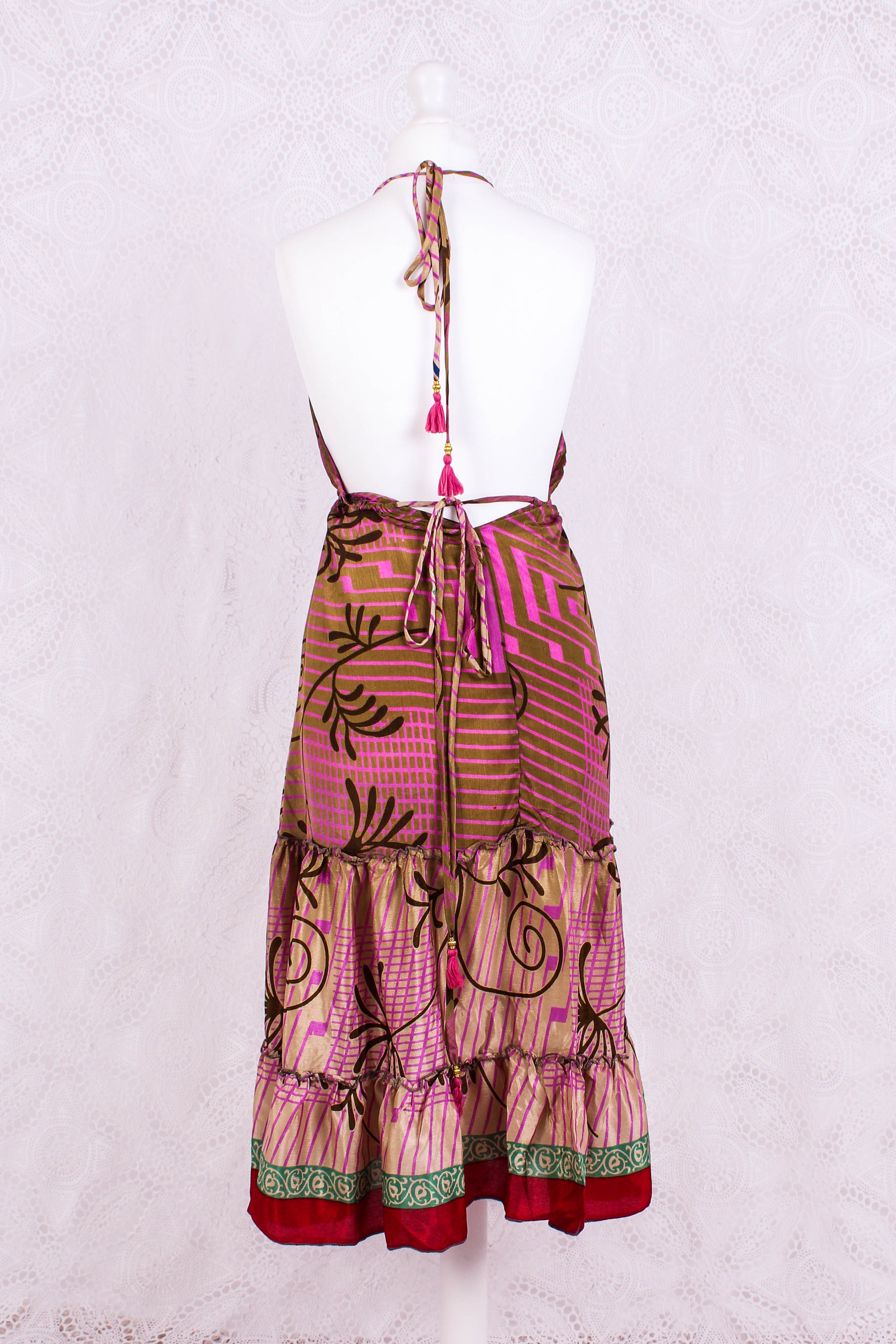 Cherry Mini Halter Dress - Sheer Peanut & Mauve Floral Vintage Sari (Free Size)