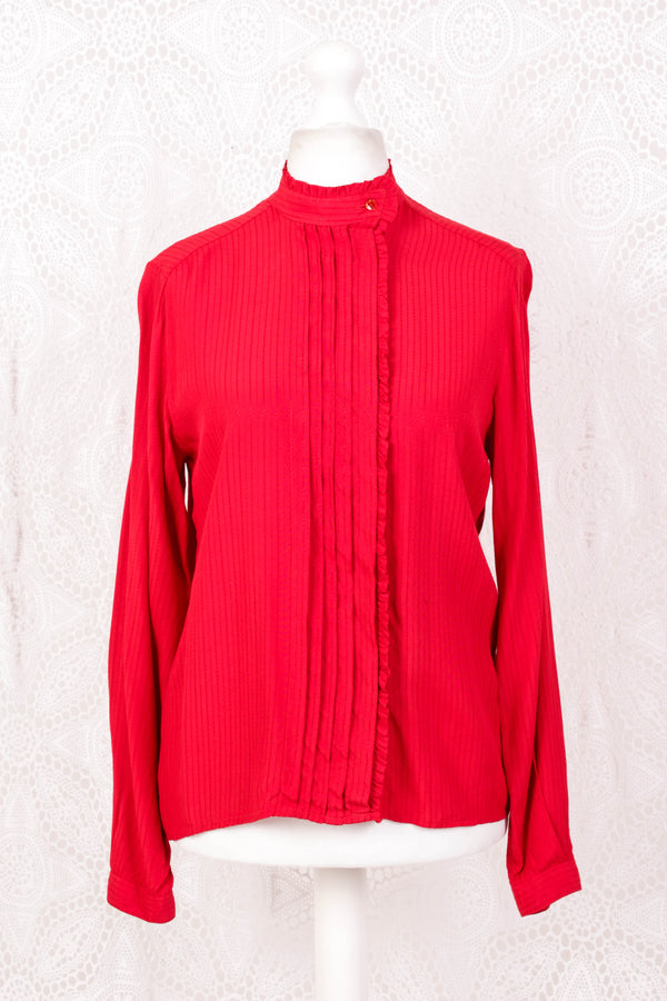 Vintage Shirt - Bright Red Embroidered - Size M