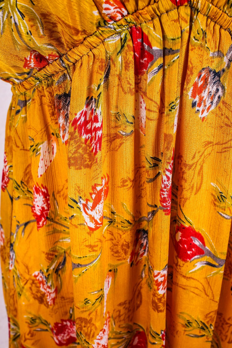 Cherry Mini Halter Dress - Mustard & Scarlet Floral Vintage Sari (Free Size) By All About Audrey