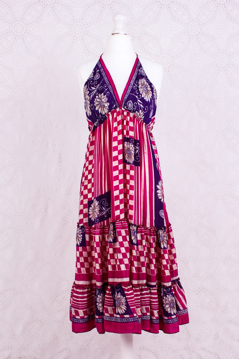 Cherry Mini Halter Dress - Hot Pink & Purple Graphic Vintage Sari (Free Size)
